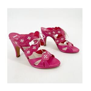 Dior Fuchsia Pink Leather Satin CD Charm Bow Block Heel Mule Slide Sandals EU 37